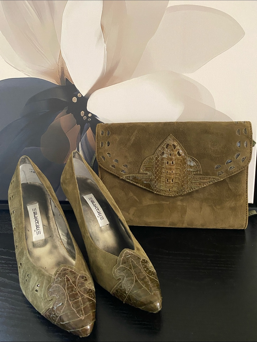 Vintage 80’s Sage Green Suede and Snakeskin Purse and Heels Set